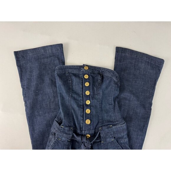 BEBE Strapless Denim Jumpsuit Snap Front Tie Belt Detail Bell Bottom Retro Sz 24 - Picture 4 of 5